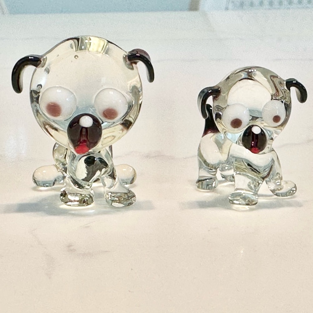 Rare Vintage Hand Made Miniature Glass Bulldog & Puppy. Perfect Condition.